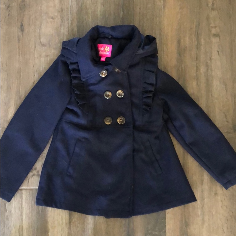 NWOT Girls navy wool coat button detail and hood.